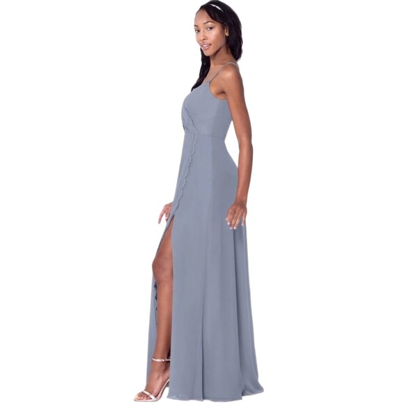 Azazie NWT Tegan Slate Blue Chiffon & Eyelash Lace Long A-line Gown, Size 4 - Picture 2 of 11